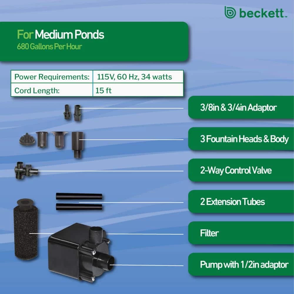 BECKETT 680 GPH Submersible Pond Pump - Image 3