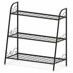HONEY JOY Ladder-Shapped Indoor/Outdoor Black Metal Plant Stand 3-Tier Potted Holder Shelf Shoe Rack
