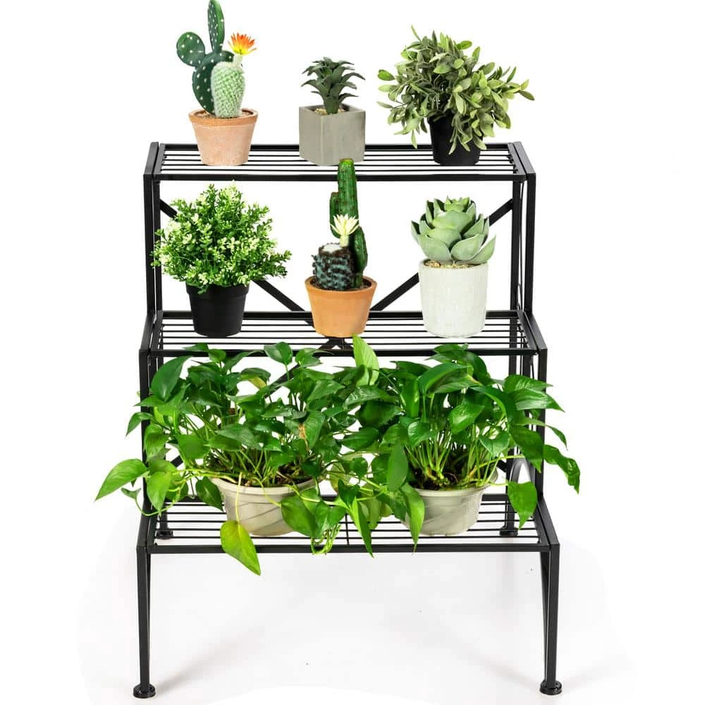 HONEY JOY Indoor and Outdoor Black Metal Plant Stand Plant Shelves Flower Pot Organizer Rack Suitable for 3-Tier - Image 4