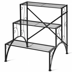 HONEY JOY Indoor and Outdoor Black Metal Plant Stand Plant Shelves Flower Pot Organizer Rack Suitable for 3-Tier