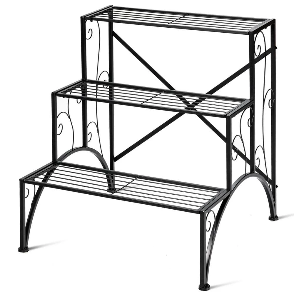HONEY JOY Indoor and Outdoor Black Metal Plant Stand Plant Shelves Flower Pot Organizer Rack Suitable for 3-Tier