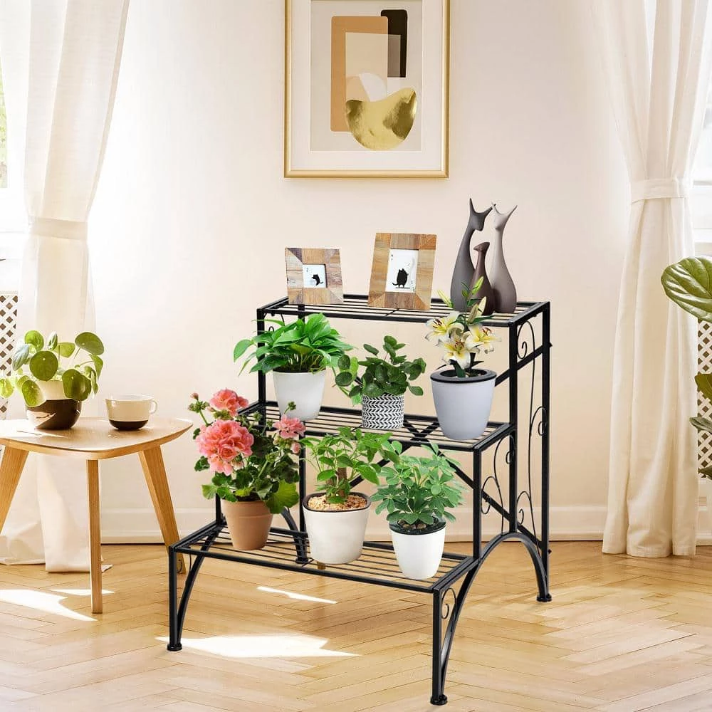 HONEY JOY Indoor and Outdoor Black Metal Plant Stand Plant Shelves Flower Pot Organizer Rack Suitable for 3-Tier - Image 2