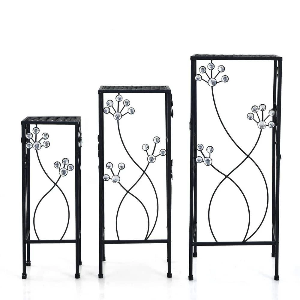 HONEY JOY 3-Pieces Metal Plant Stand Flower Pots Display Rack with Crystal Floral Design for Garden Square (Set of 3)