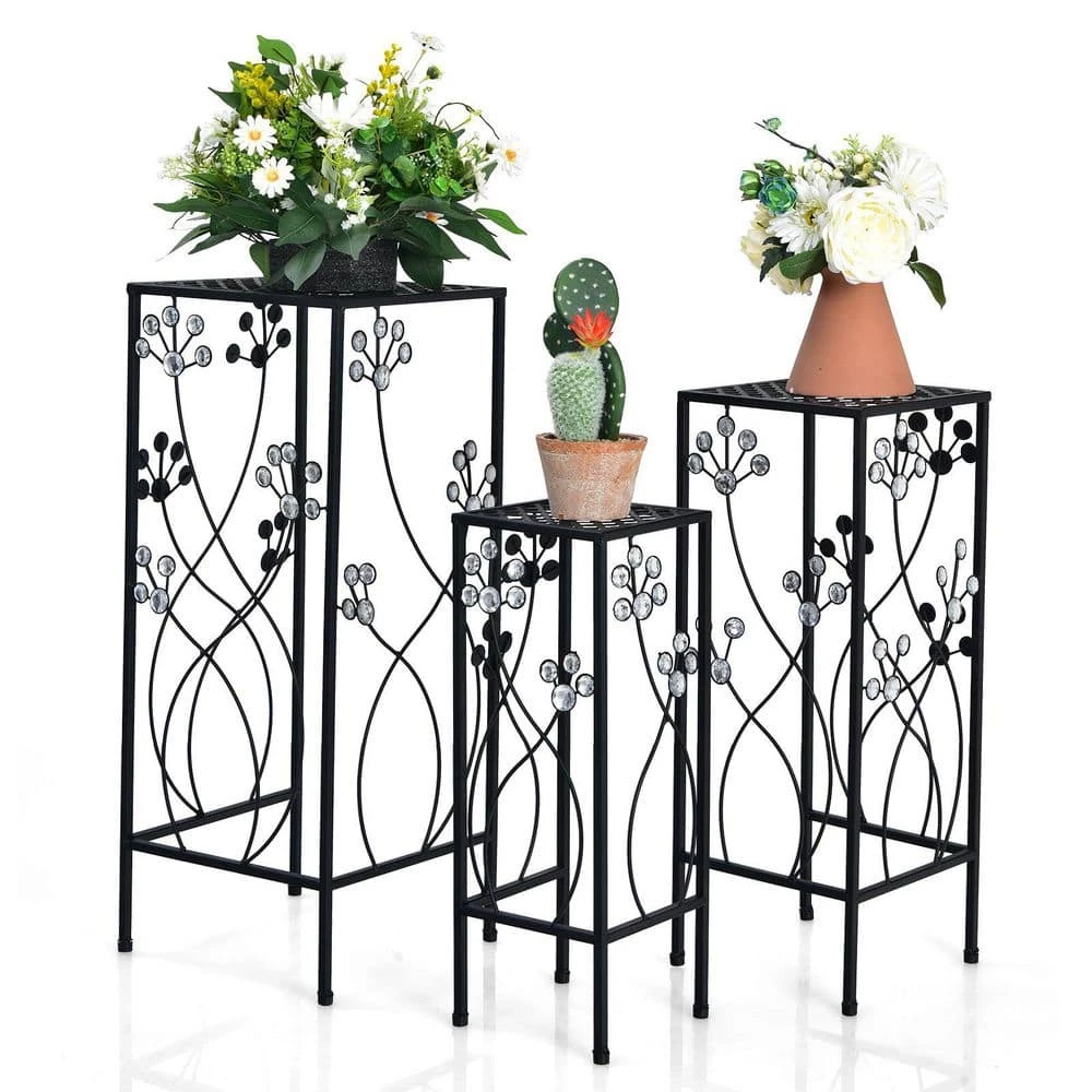 HONEY JOY 3-Pieces Metal Plant Stand Flower Pots Display Rack with Crystal Floral Design for Garden Square (Set of 3) - Image 3