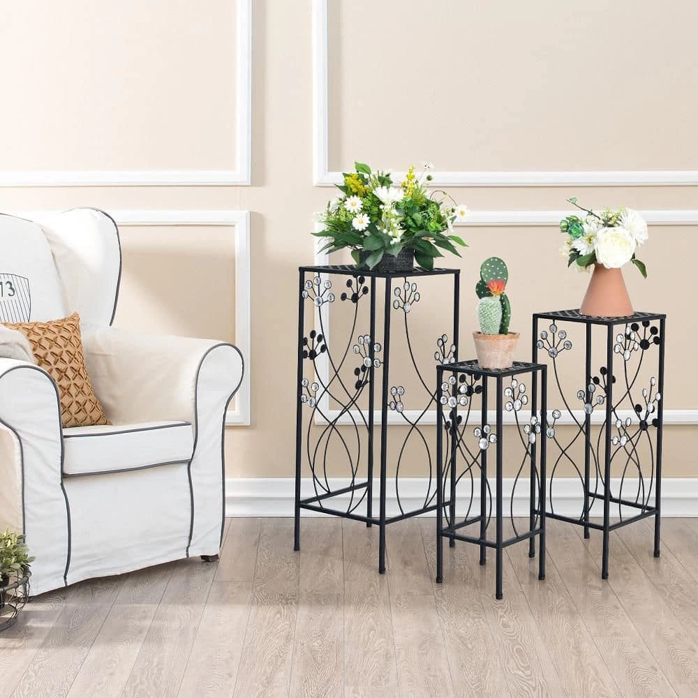 HONEY JOY 3-Pieces Metal Plant Stand Flower Pots Display Rack with Crystal Floral Design for Garden Square (Set of 3) - Image 2