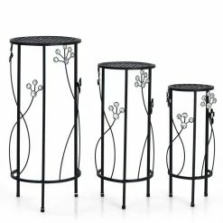 HONEY JOY 3-Pieces Round Metal Plant Stand Flower Pots Display Rack with Crystal Floral Design for Garden (Set of 3)