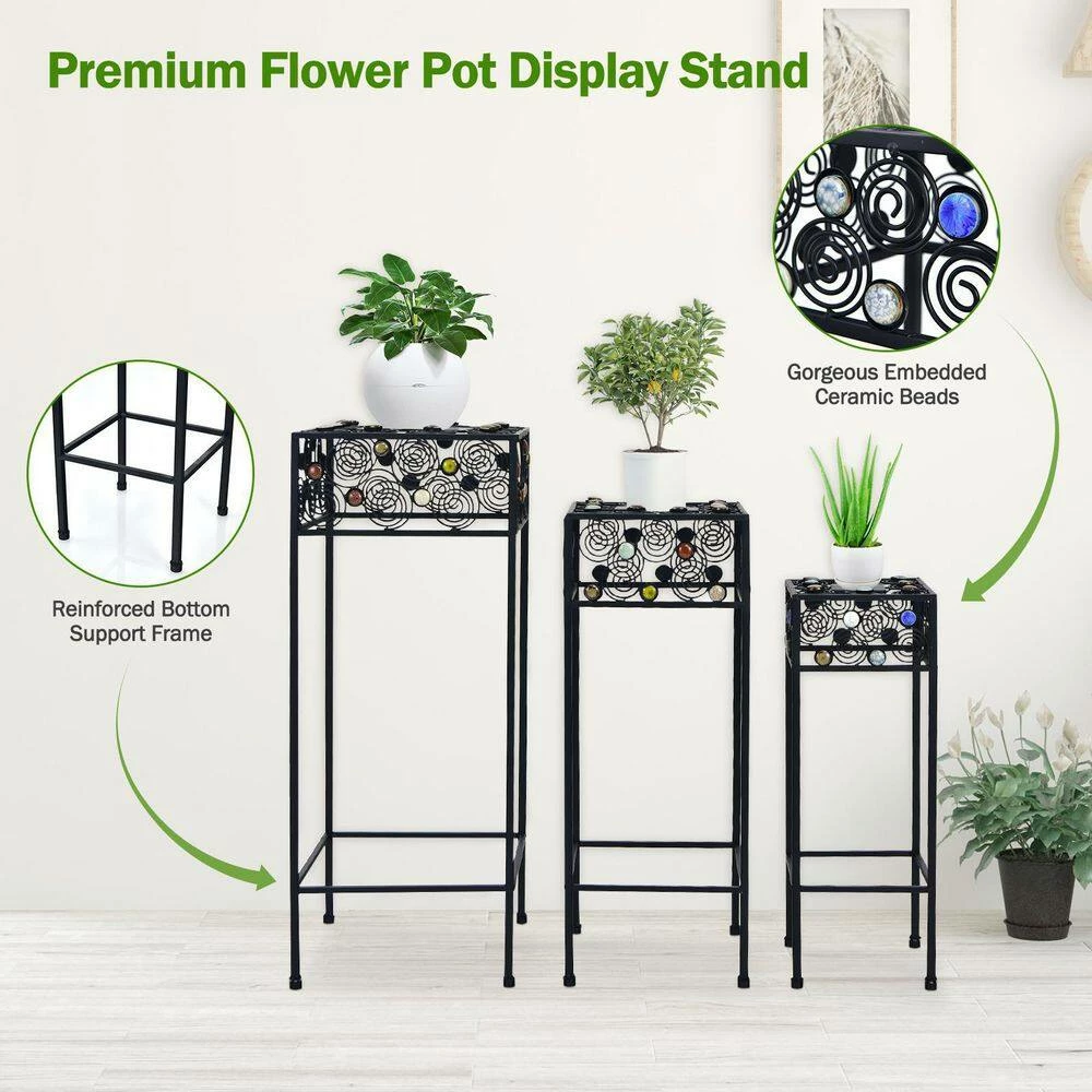 HONEY JOY 3-Pieces Metal Plant Stand Flower Pots Display Rack with Colorful Ceramic Beads for Garden - Image 4