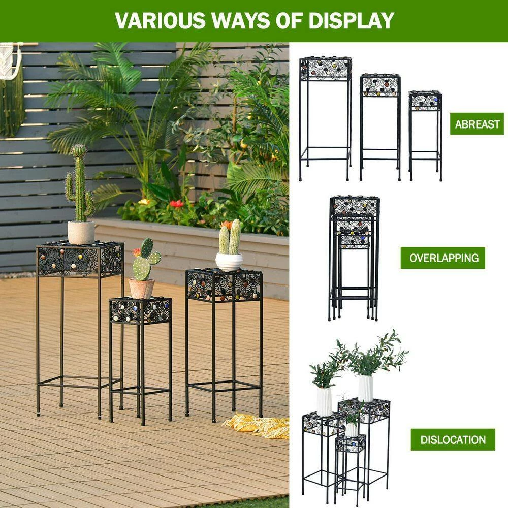HONEY JOY 3-Pieces Metal Plant Stand Flower Pots Display Rack with Colorful Ceramic Beads for Garden - Image 5