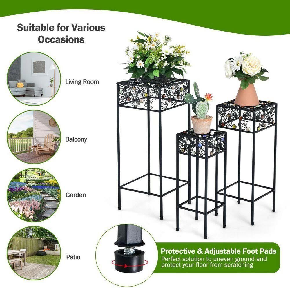 HONEY JOY 3-Pieces Metal Plant Stand Flower Pots Display Rack with Colorful Ceramic Beads for Garden - Image 3