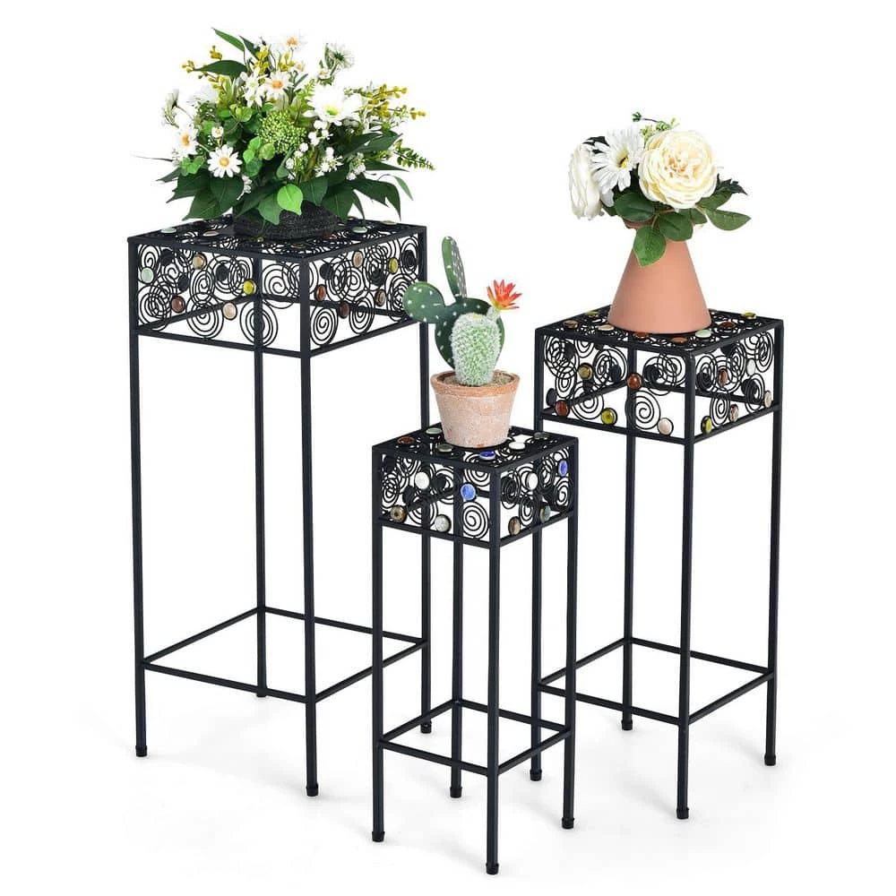HONEY JOY 3-Pieces Metal Plant Stand Flower Pots Display Rack with Colorful Ceramic Beads for Garden