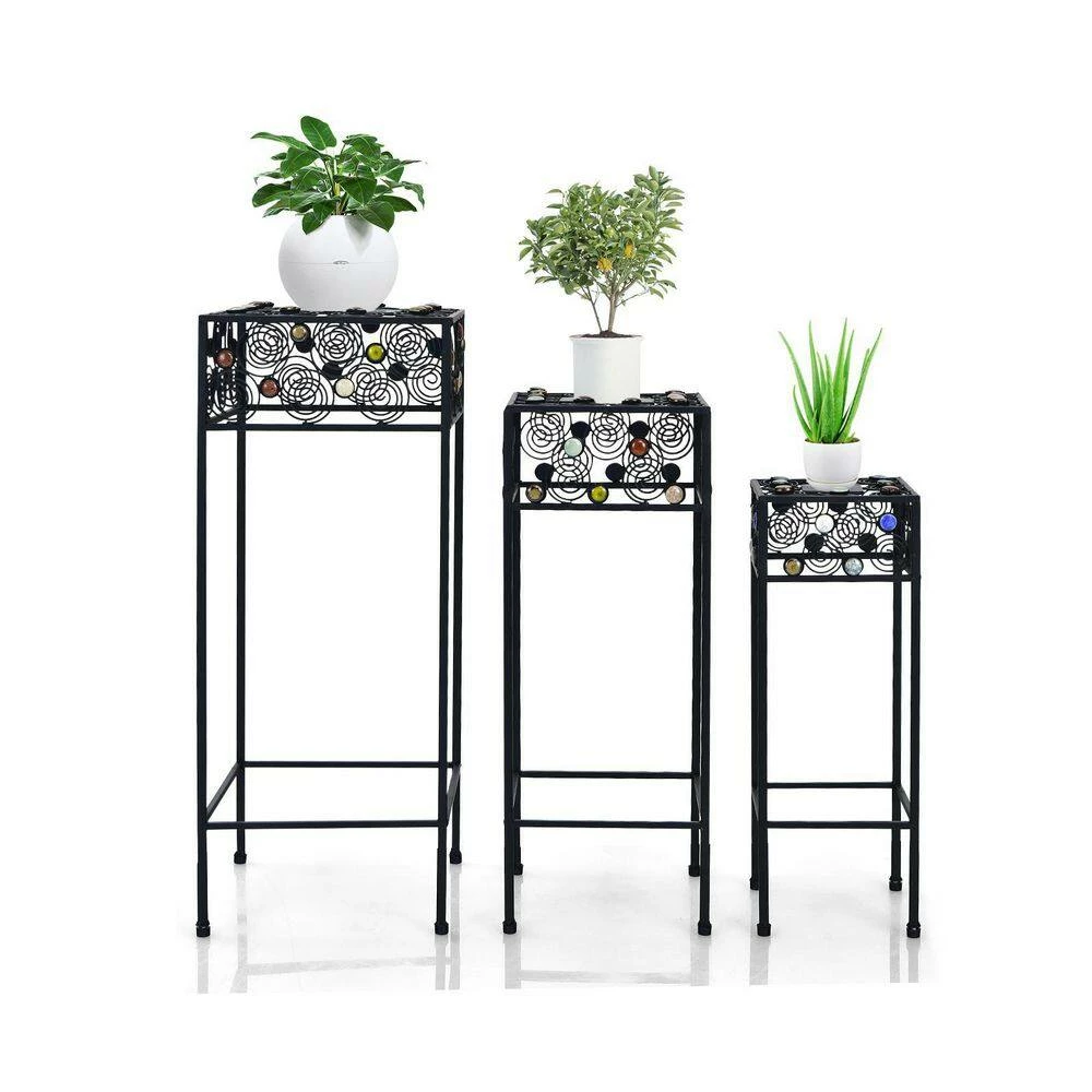 HONEY JOY 3-Pieces Metal Plant Stand Flower Pots Display Rack with Colorful Ceramic Beads for Garden - Image 2