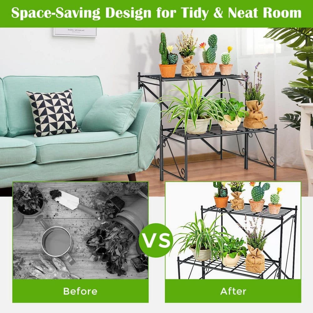 HONEY JOY 2-Tier Indoor and Outdoor Iron Storage Shelf Ladder Plant Stand Flower Pot Display Shelf Rack Natural - Image 5