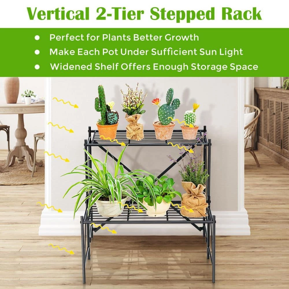 HONEY JOY 2-Tier Indoor and Outdoor Iron Storage Shelf Ladder Plant Stand Flower Pot Display Shelf Rack Natural - Image 4