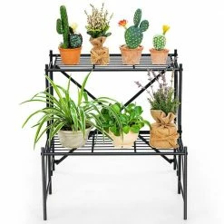 HONEY JOY 2-Tier Indoor and Outdoor Iron Storage Shelf Ladder Plant Stand Flower Pot Display Shelf Rack Natural
