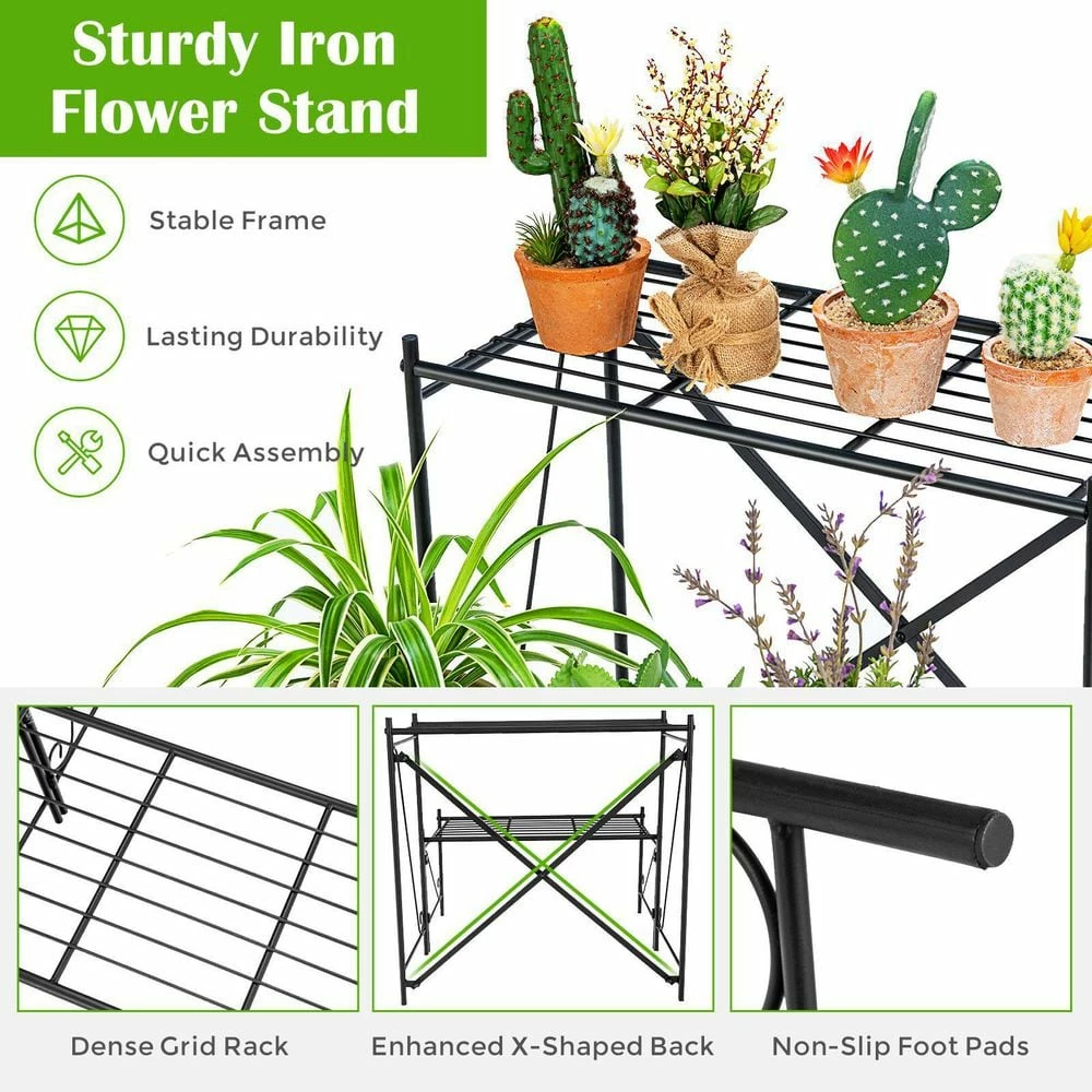 HONEY JOY 2-Tier Indoor and Outdoor Iron Storage Shelf Ladder Plant Stand Flower Pot Display Shelf Rack Natural - Image 3
