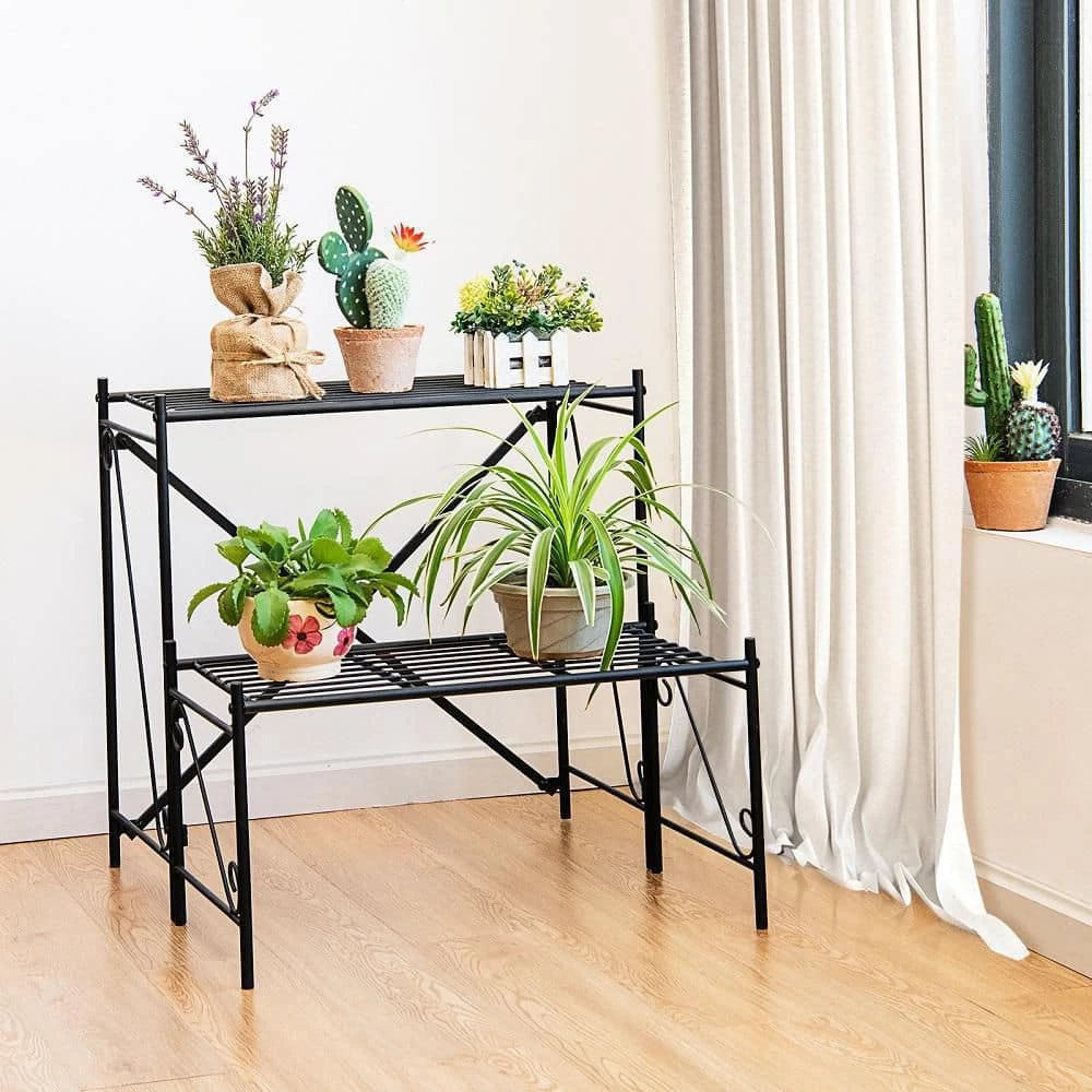 HONEY JOY 2-Tier Indoor and Outdoor Iron Storage Shelf Ladder Plant Stand Flower Pot Display Shelf Rack Natural - Image 2