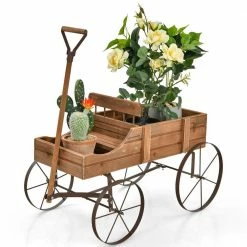 HONEY JOY Wooden Garden Flower Planter Wagon Wheel Plant Bed Decorative Garden Planter for Backyard Garden Brown