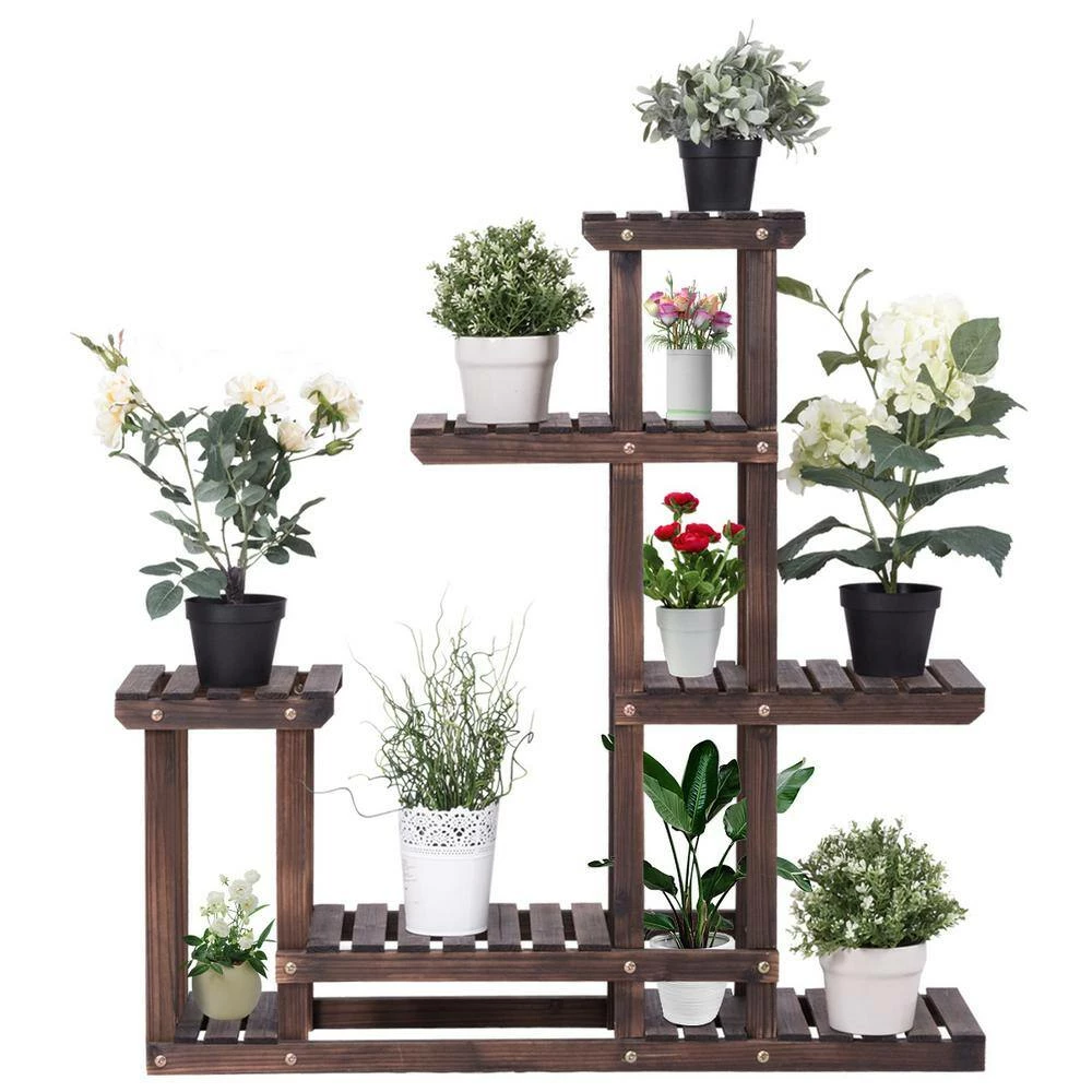 HONEY JOY 38 in. Flower Racks Unit Display Shelves for Balcony Patio Outdoor Walnut Plant Stand - Image 5