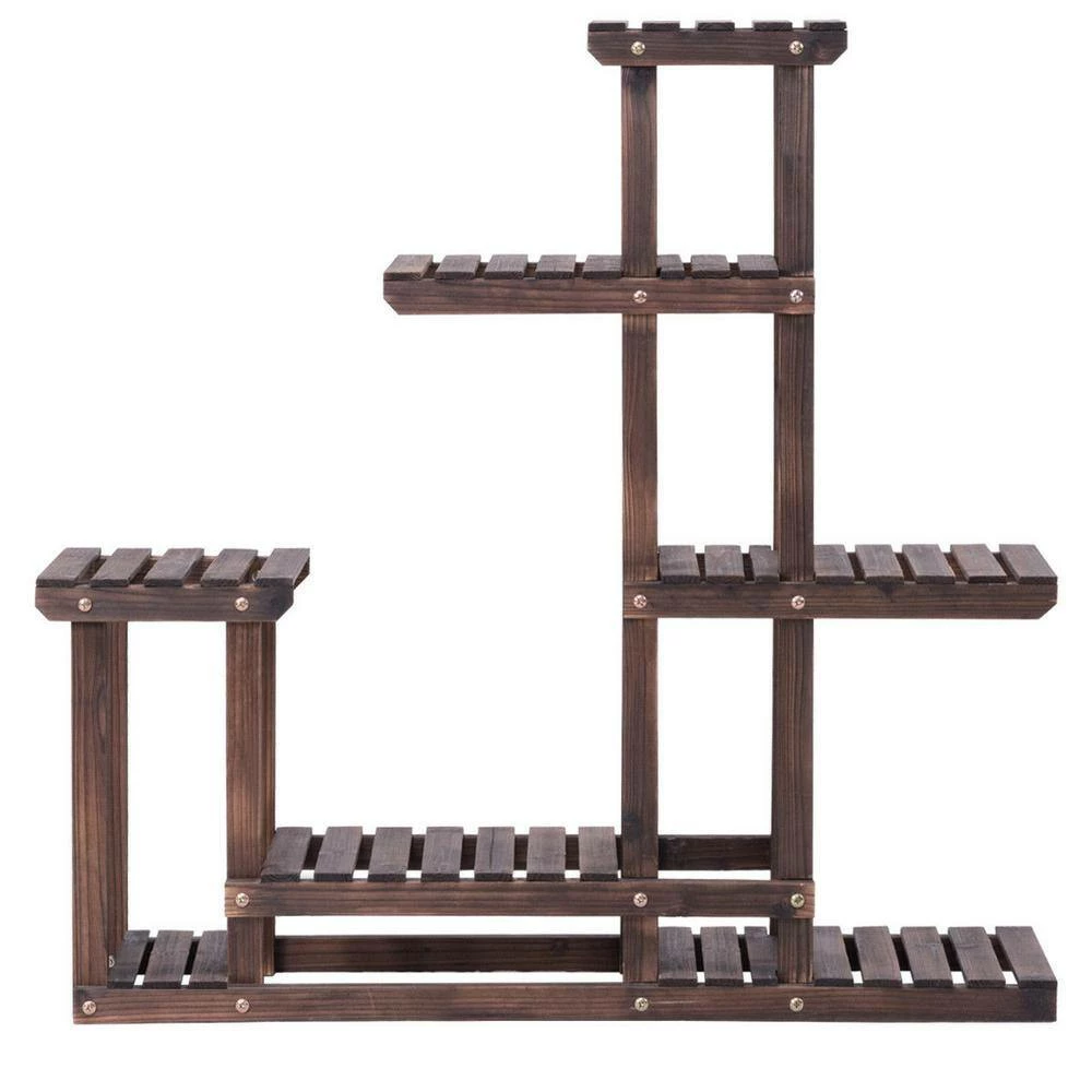 HONEY JOY 38 in. Flower Racks Unit Display Shelves for Balcony Patio Outdoor Walnut Plant Stand