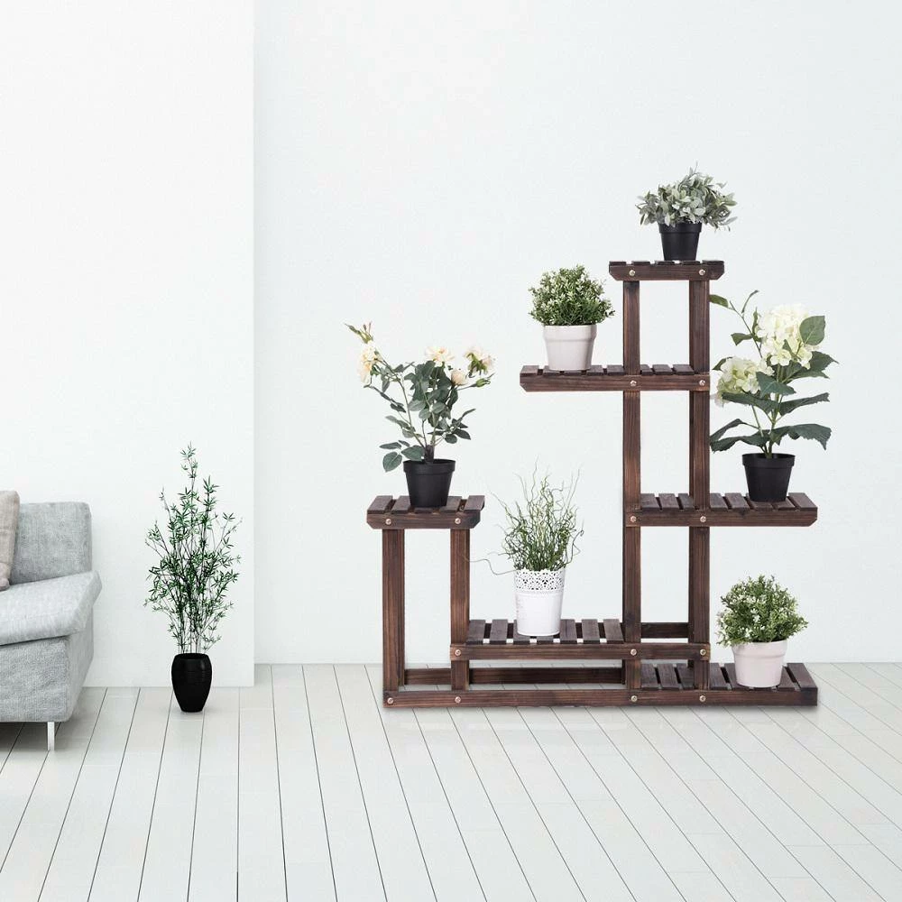 HONEY JOY 38 in. Flower Racks Unit Display Shelves for Balcony Patio Outdoor Walnut Plant Stand - Image 2