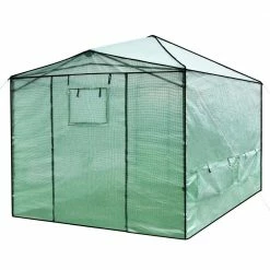 HONEY JOY 9 ft. x 12 ft. x 8 ft. PE Green Walk-in Greenhouse Portable Pop-up Garden with Windows and Door