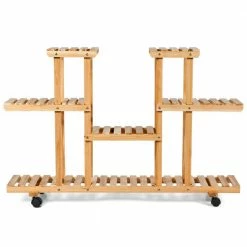 HONEY JOY 47.5 in. x 10 in. x 21.5 in. Rolling Flower Rack Outdoor Natural Wood Plant Stand w/Lockable Casters ( 4-Tier)
