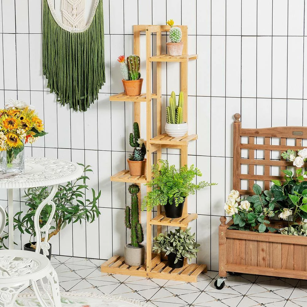 HONEY JOY 20 in. Indoor/Outdoor Natural Wood Plant Stand Multiple Tier Flower Shelf Plant Display Holder (6-Tier) - Image 2
