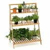 HONEY JOY Folding Storage Shelf Indoor and Outdoor Natural Wood Ladder Plant Stand Flower Pot Display Shelf Rack 3-Tier