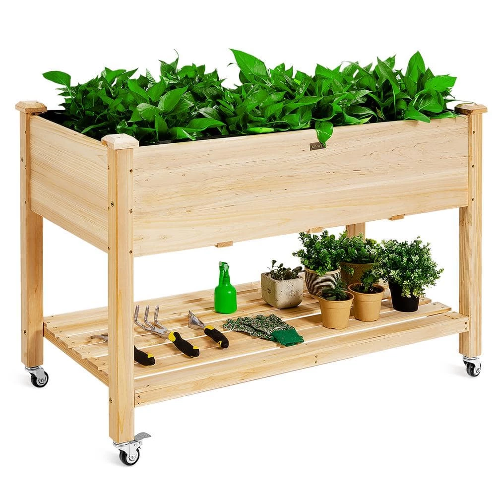 HONEY JOY Wood Elevated Garden Bed with Storage Shelf Wheels and Liner Suitable for Vegetable Flower Herb - Image 4