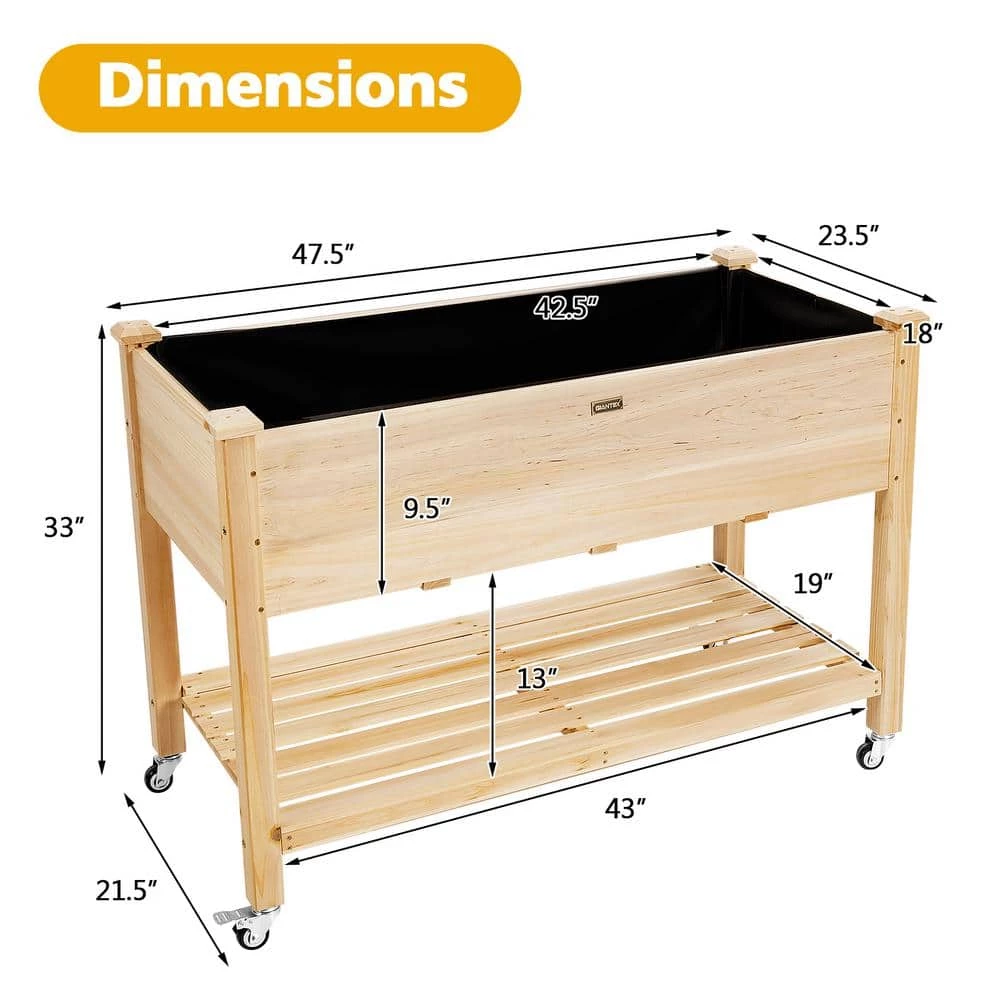 HONEY JOY Wood Elevated Garden Bed with Storage Shelf Wheels and Liner Suitable for Vegetable Flower Herb - Image 3