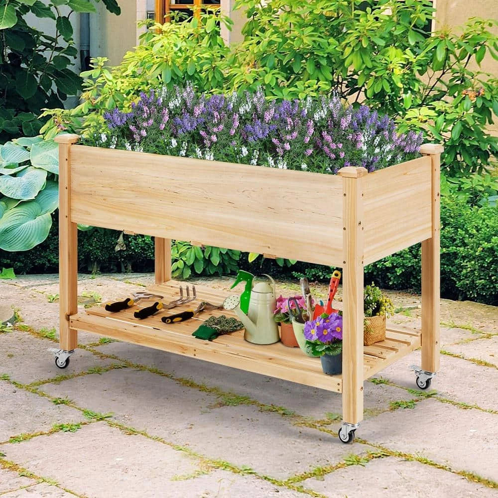 HONEY JOY Wood Elevated Garden Bed with Storage Shelf Wheels and Liner Suitable for Vegetable Flower Herb - Image 2