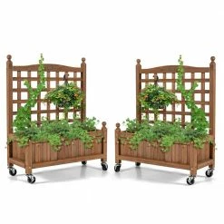 HONEY JOY 32 in. Natural Wood Planter Box with Trellis and Wheels Mobile Plant Raised Bed for Indoor and Outdoor (2-Pack)
